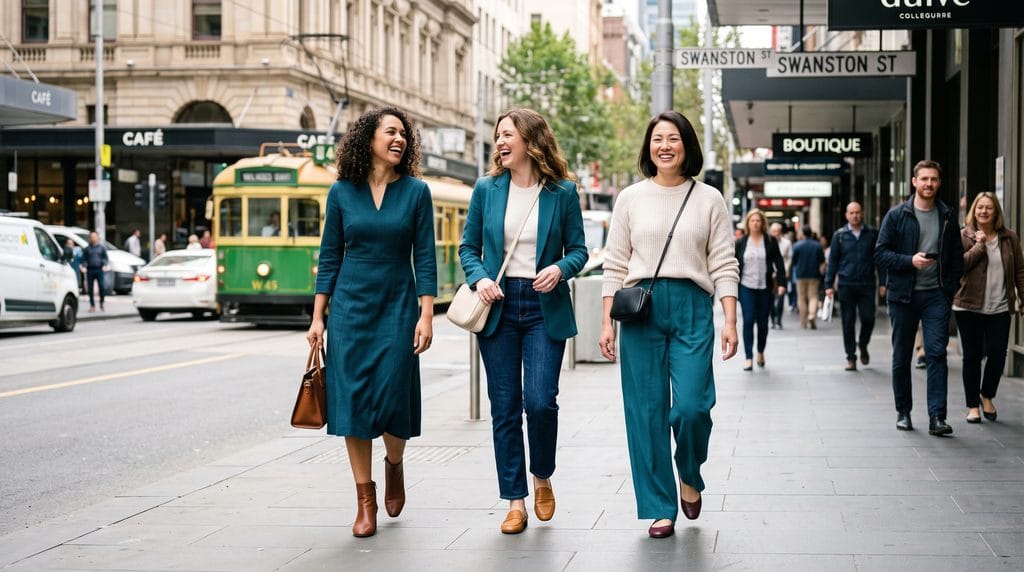 Three women in teal workwear—dress, blazer with jeans, and trousers with knit—walking on a city street with brown and burgundy shoes